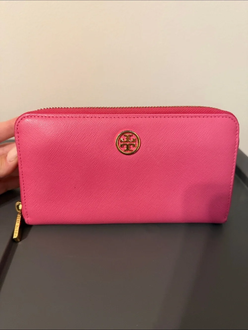 Tory Burch Hot Pink Saffiano Zip-Around Wallet with Gold Logo